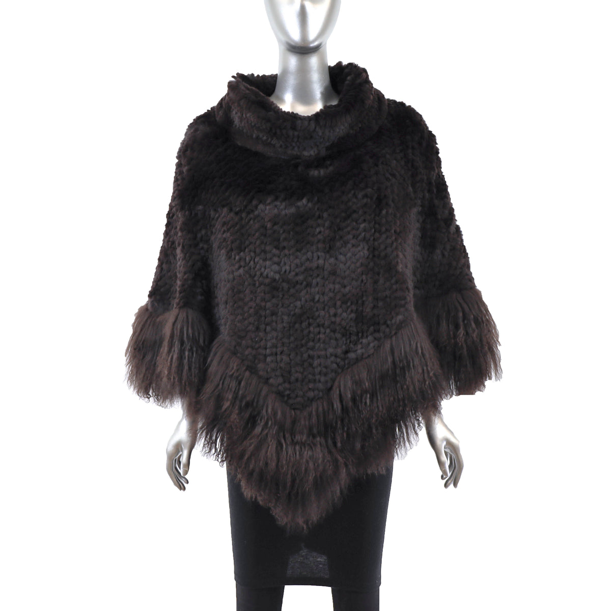 Dark Brown Knitted Rex Rabbit Poncho with Tibetan Lamb- Size Free