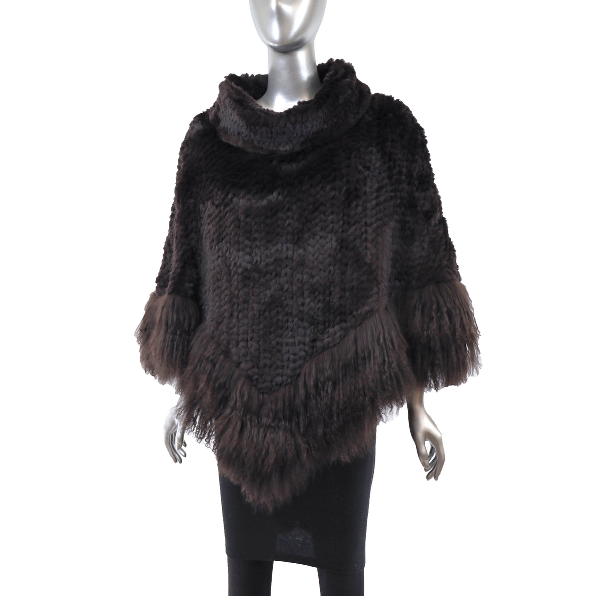 Dark Brown Knitted Rex Rabbit Poncho with Tibetan Lamb- Size Free