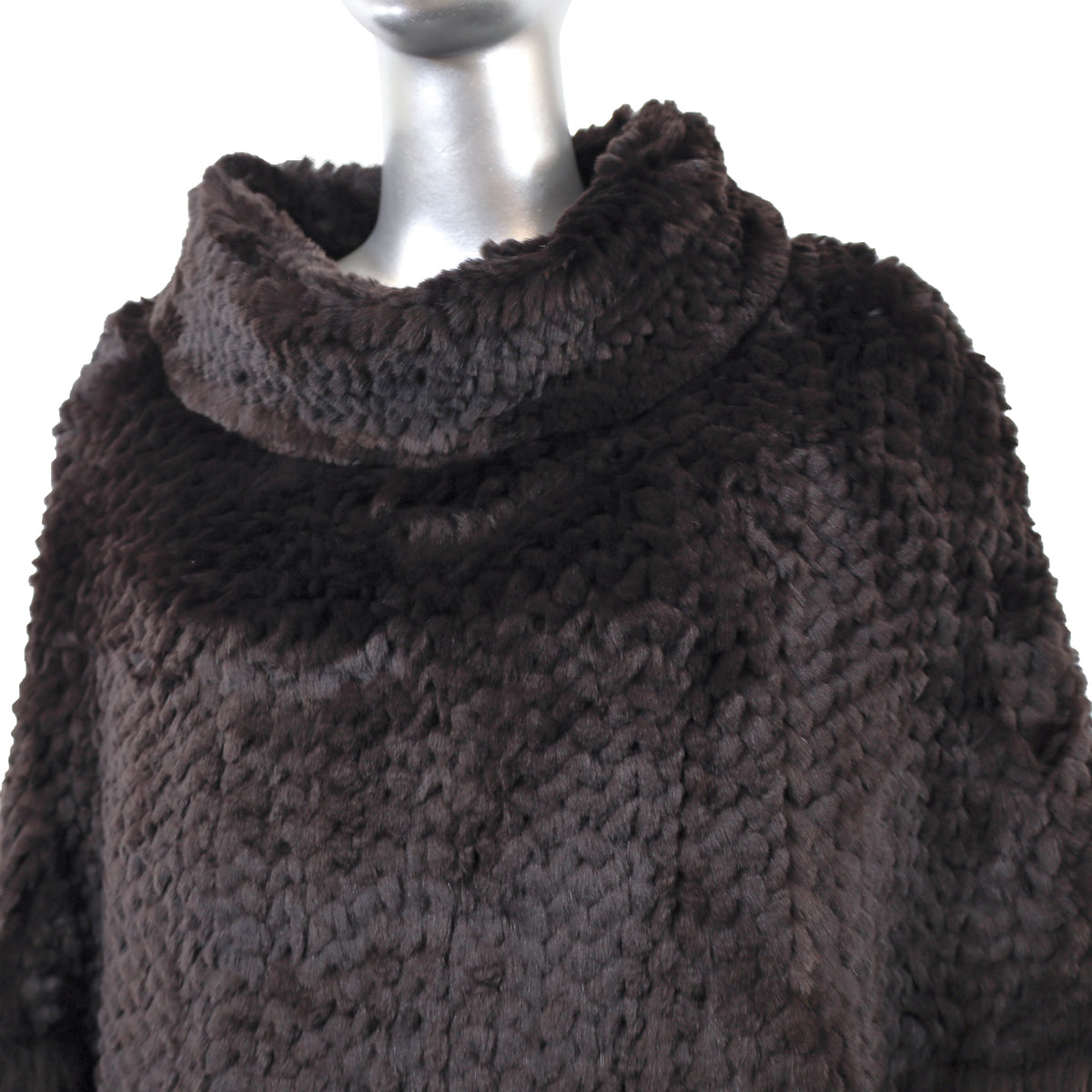 Dark Brown Knitted Rex Rabbit Poncho with Tibetan Lamb- Size Free
