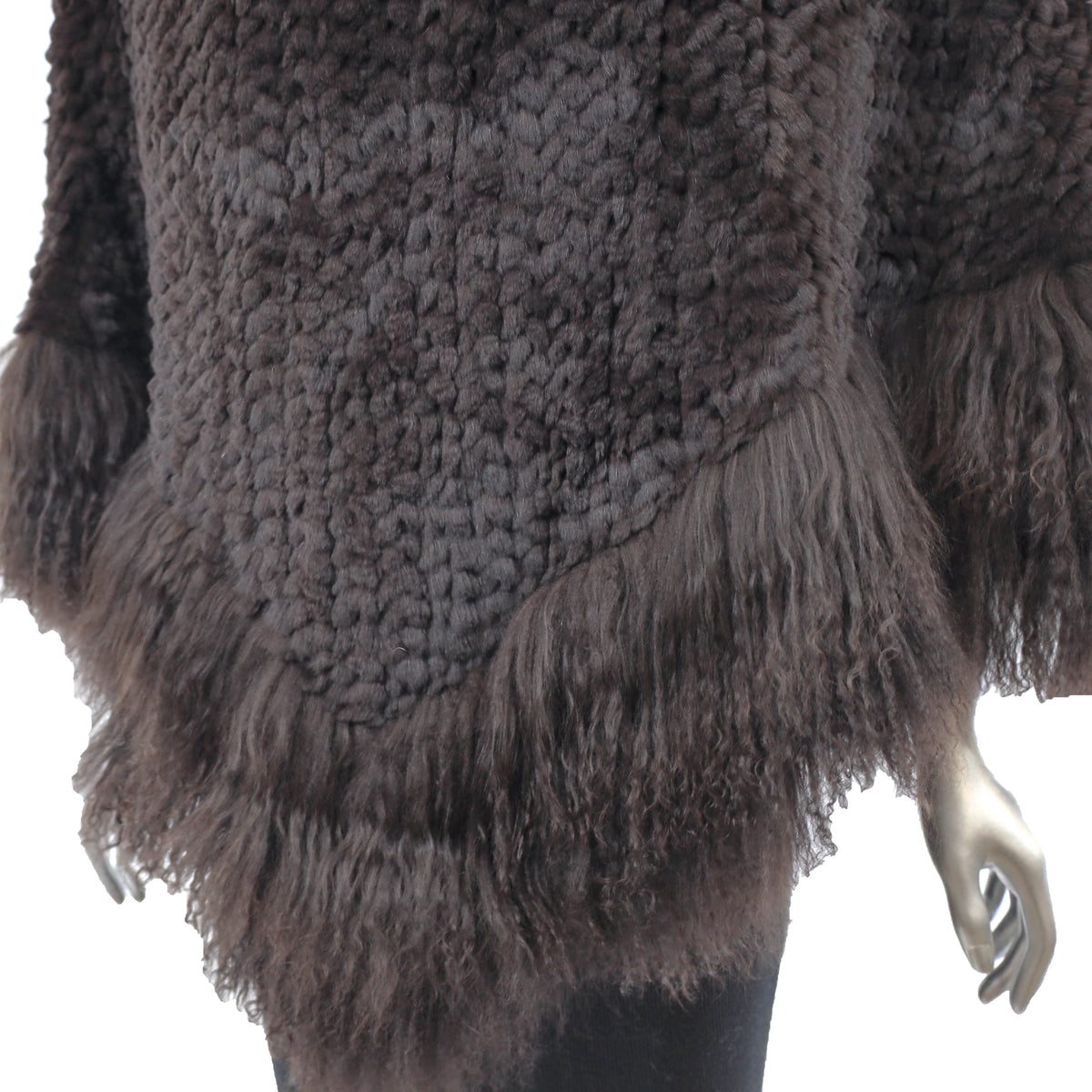 Dark Brown Knitted Rex Rabbit Poncho with Tibetan Lamb- Size Free