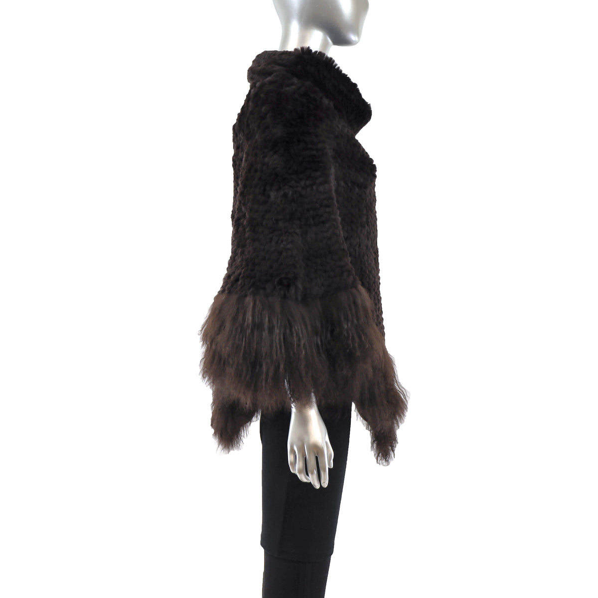 Dark Brown Knitted Rex Rabbit Poncho with Tibetan Lamb- Size Free