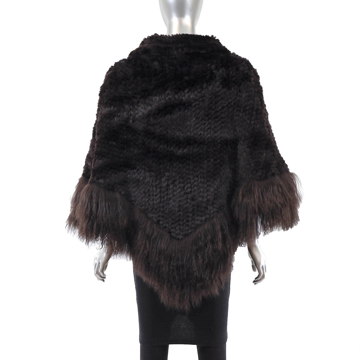 Dark Brown Knitted Rex Rabbit Poncho with Tibetan Lamb- Size Free