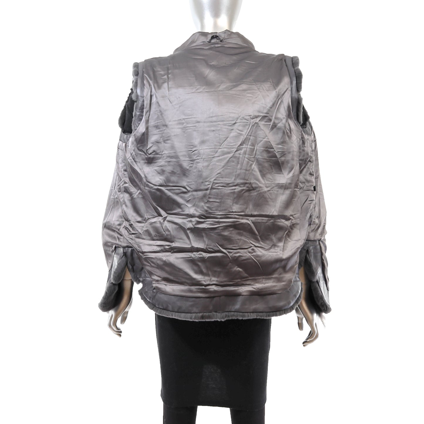 Grey Hooded Rex Rabbit Vest with Fox- Size M