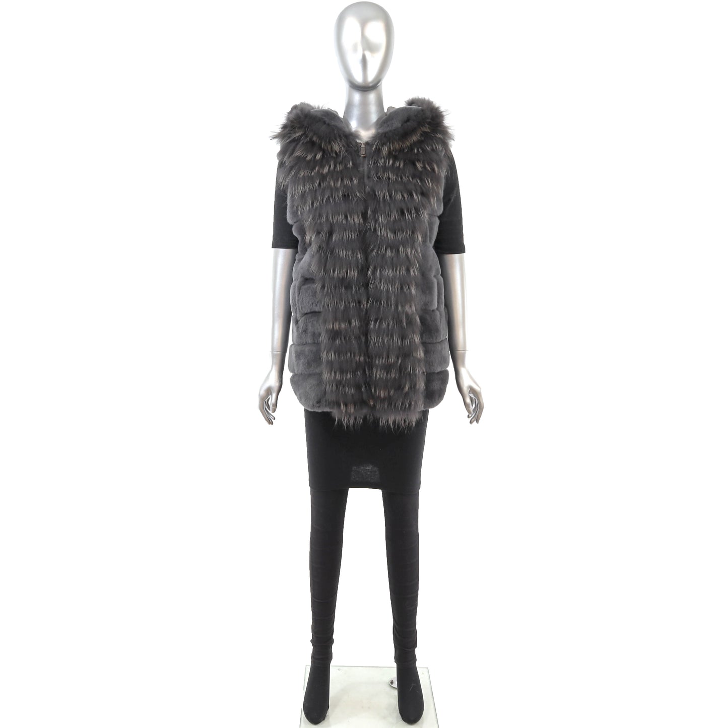 Grey Hooded Rex Rabbit Vest with Fox- Size M