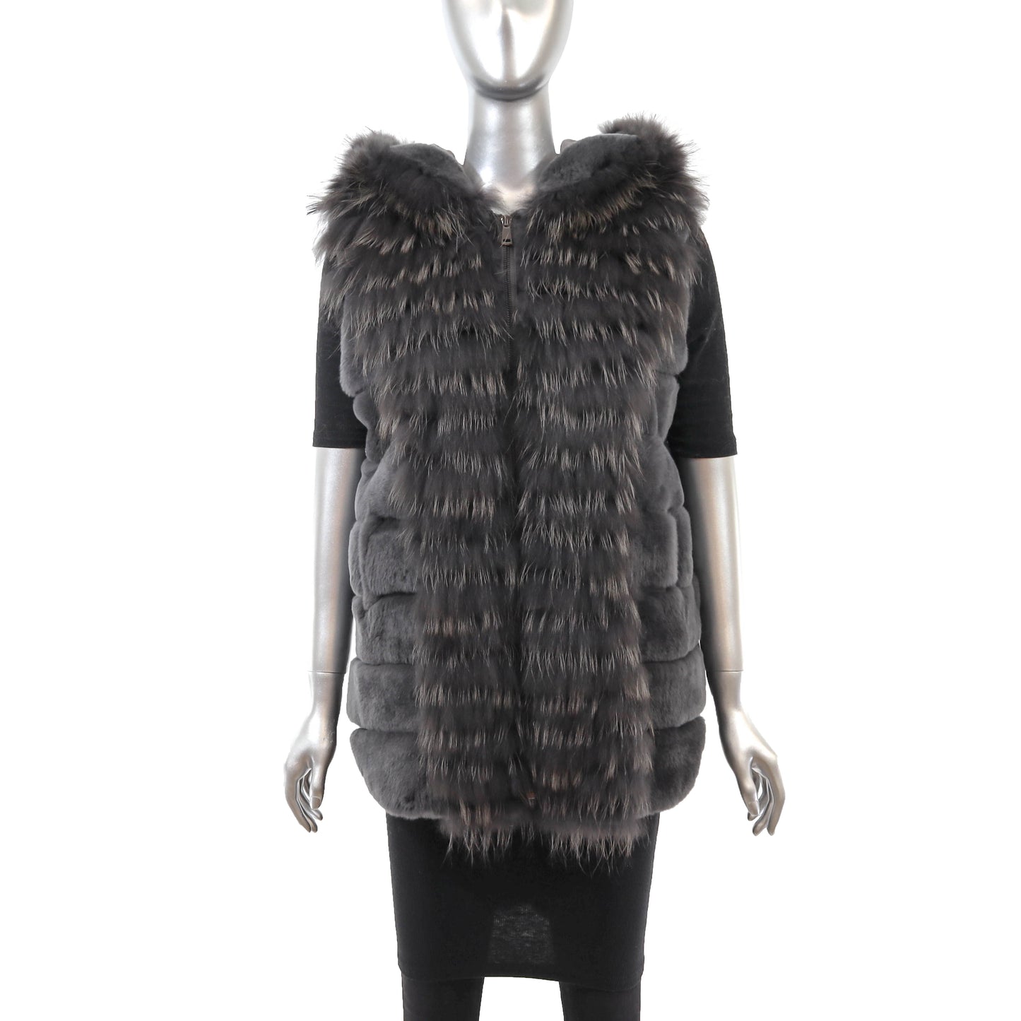 Grey Hooded Rex Rabbit Vest with Fox- Size M