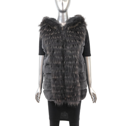 Grey Hooded Rex Rabbit Vest with Fox- Size M