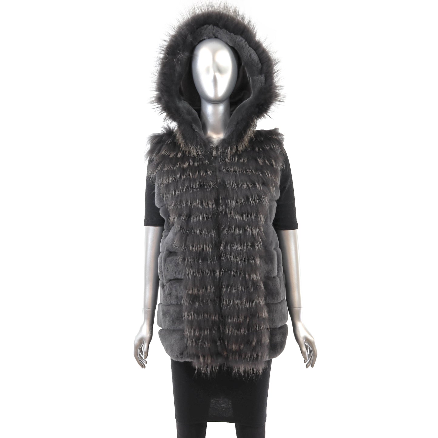 Grey Hooded Rex Rabbit Vest with Fox- Size M