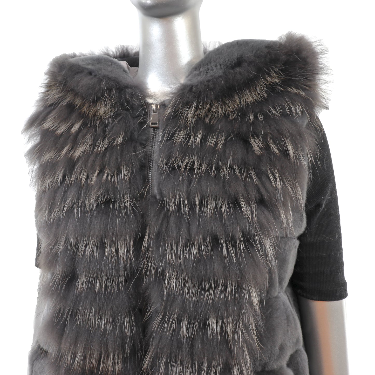 Grey Hooded Rex Rabbit Vest with Fox- Size M