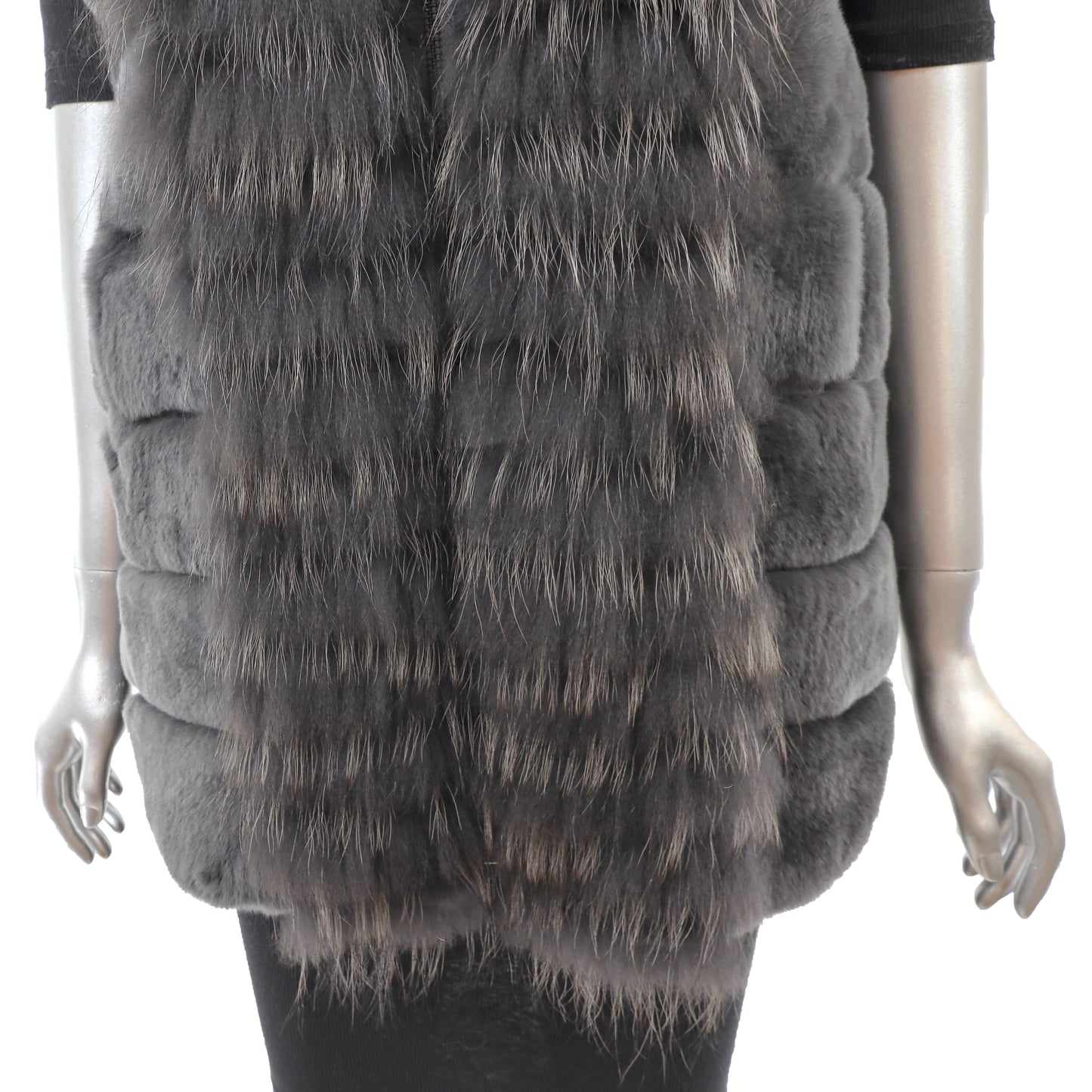 Grey Hooded Rex Rabbit Vest with Fox- Size M