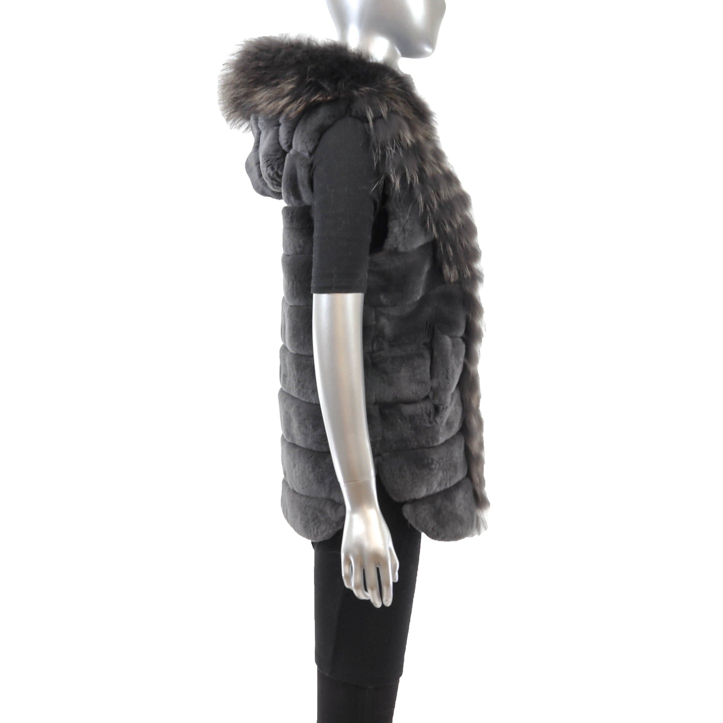 Grey Hooded Rex Rabbit Vest with Fox- Size M