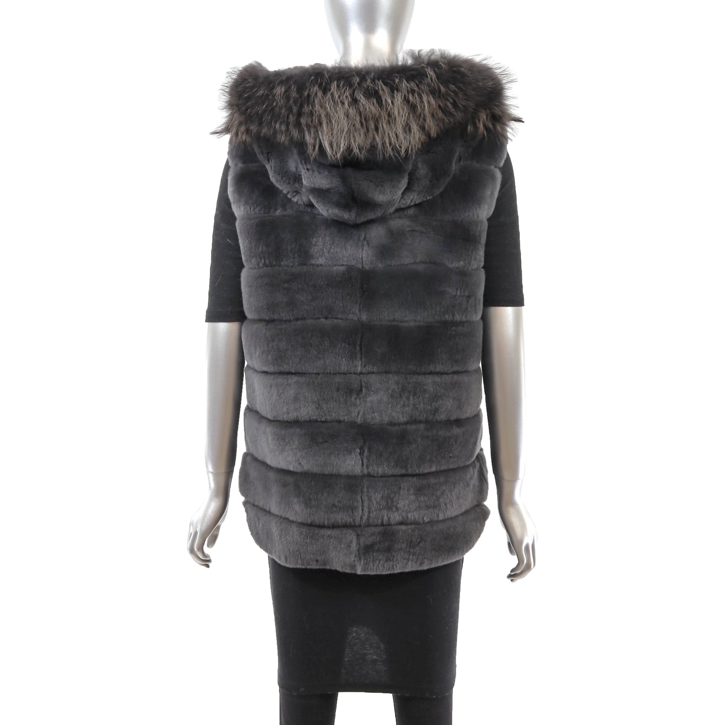 Grey Hooded Rex Rabbit Vest with Fox- Size M