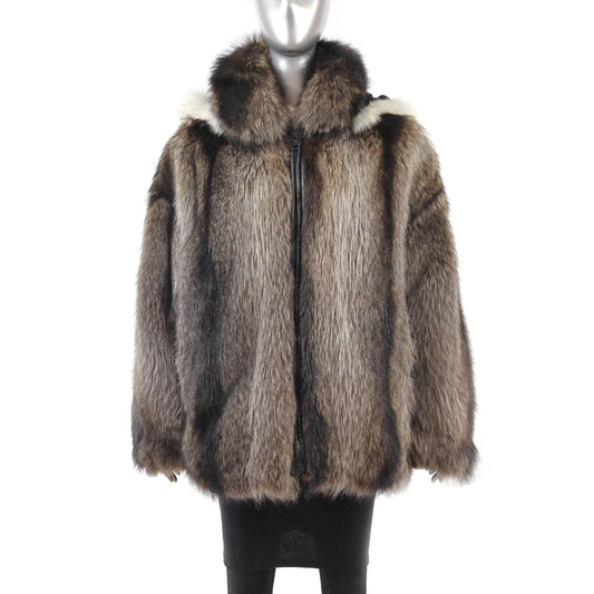 Raccoon Jacket with Detachable Hood and Fox Trim- Size L