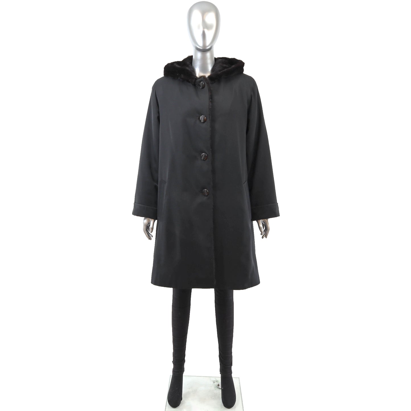 Hooded Raincoat with Mink Lining- Size L
