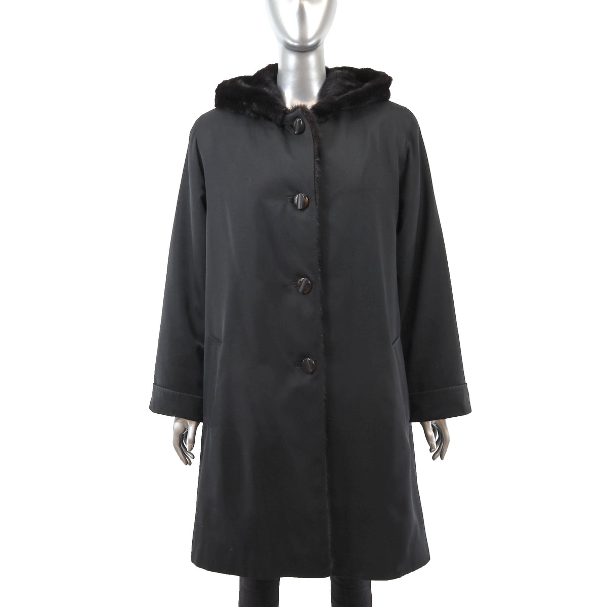 Hooded Raincoat with Mink Lining- Size L
