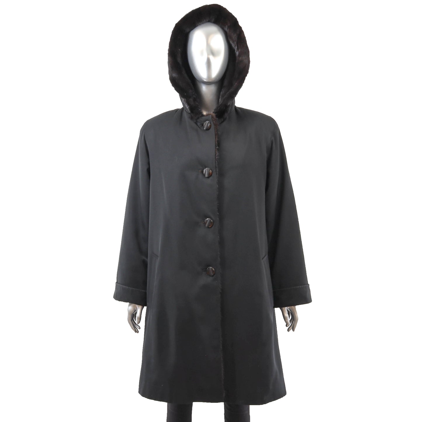 Hooded Raincoat with Mink Lining- Size L