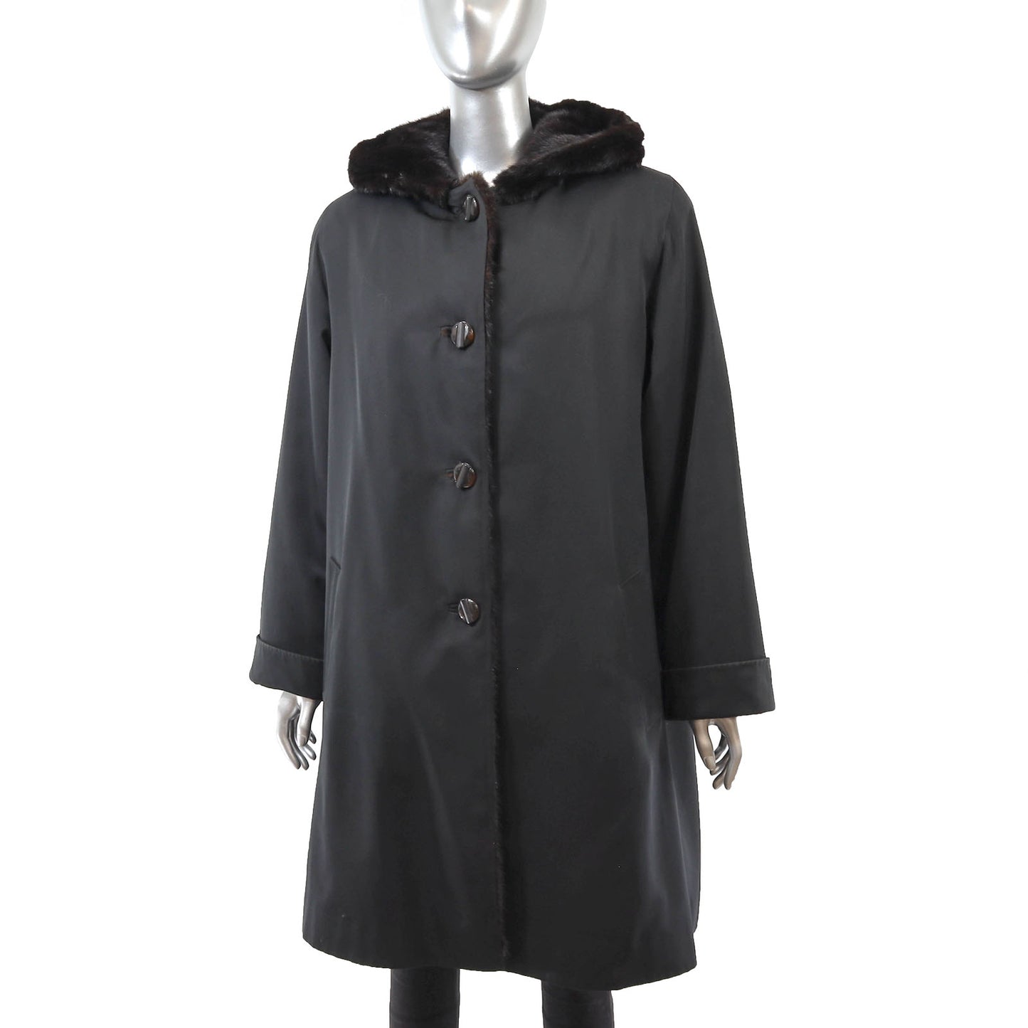 Hooded Raincoat with Mink Lining- Size L
