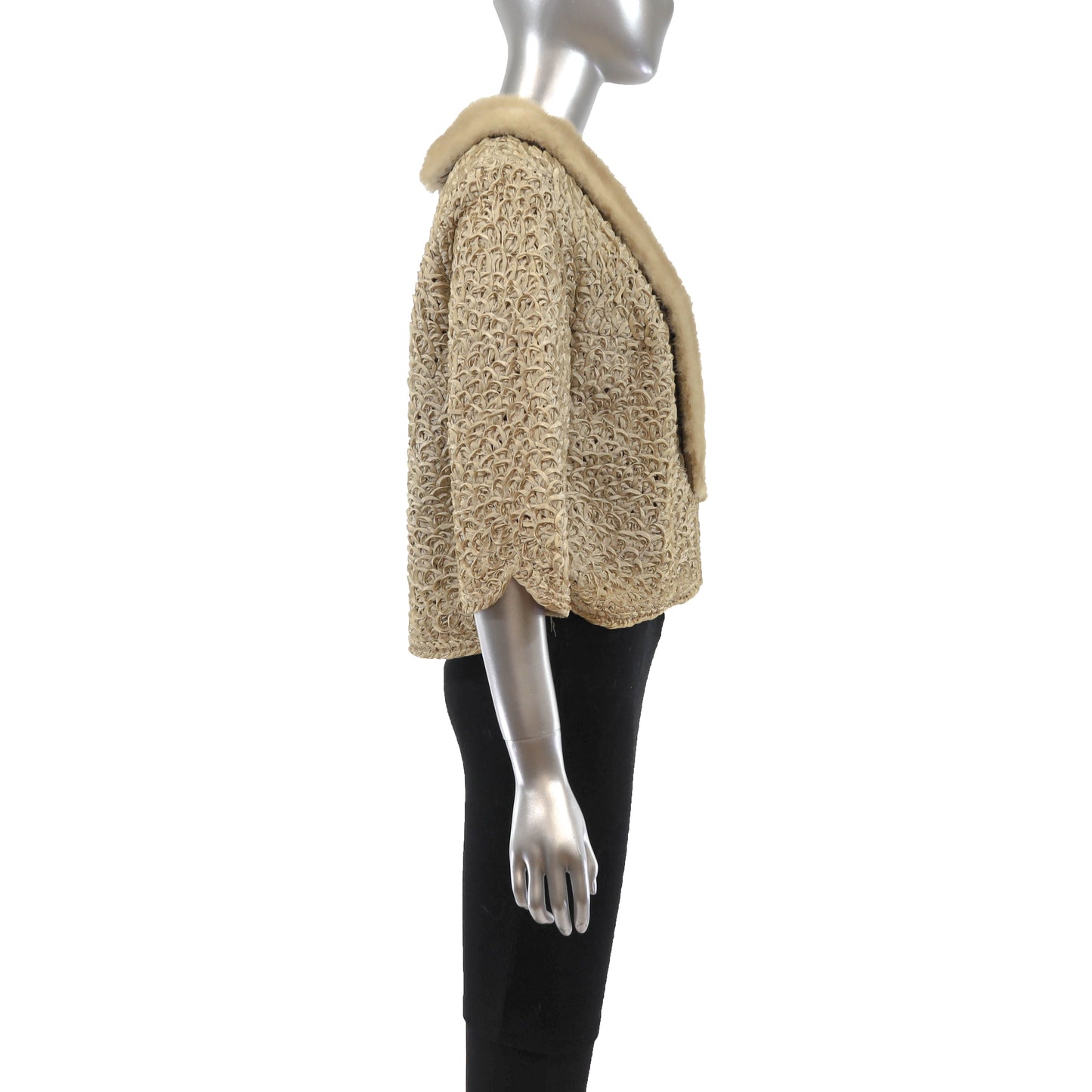 Beige Ribbon Jacket with Mink Collar- Size S