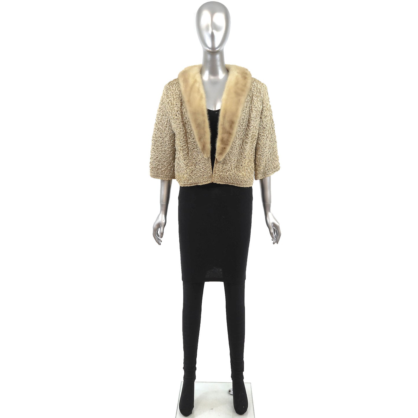 Beige Ribbon Jacket with Mink Collar- Size S