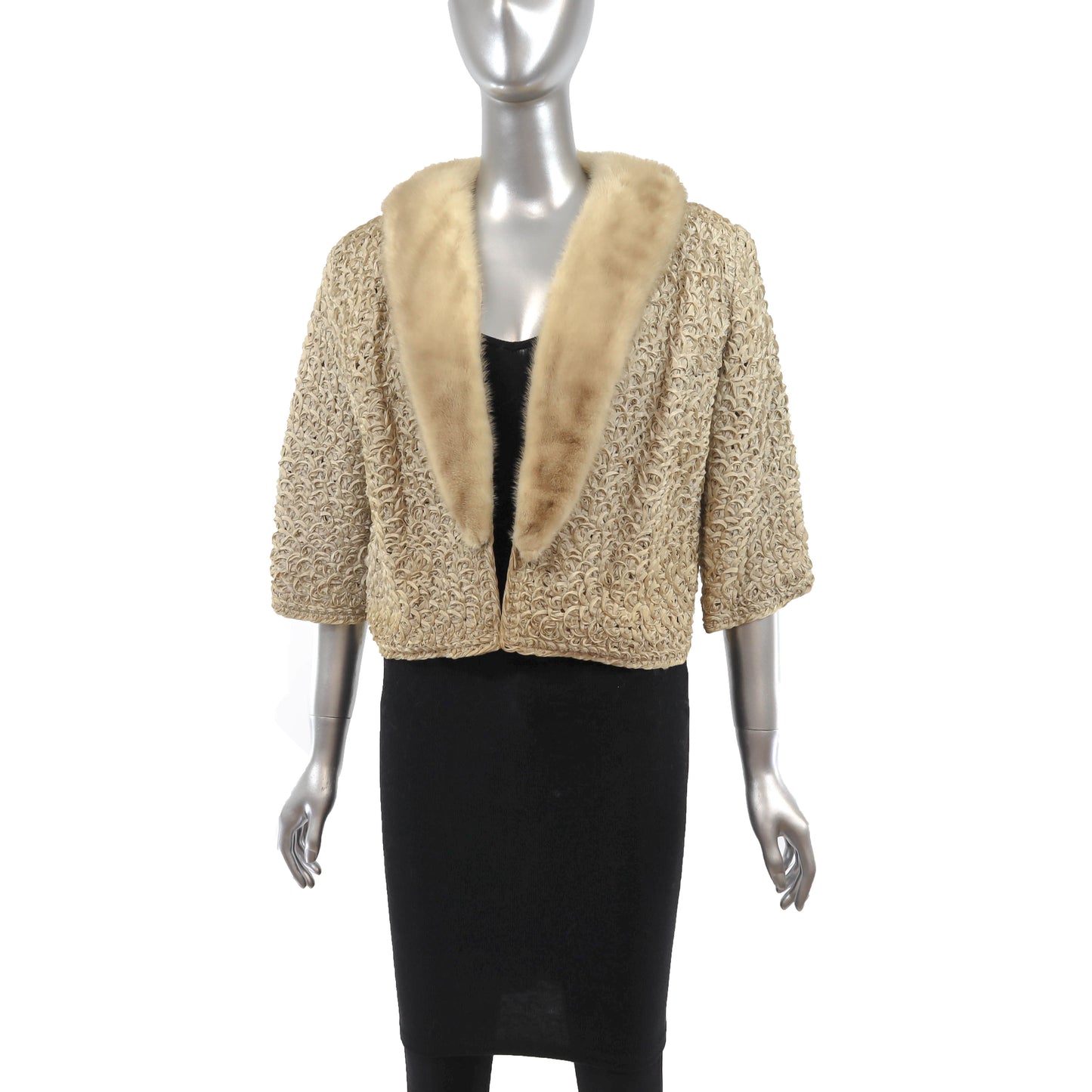 Beige Ribbon Jacket with Mink Collar- Size S