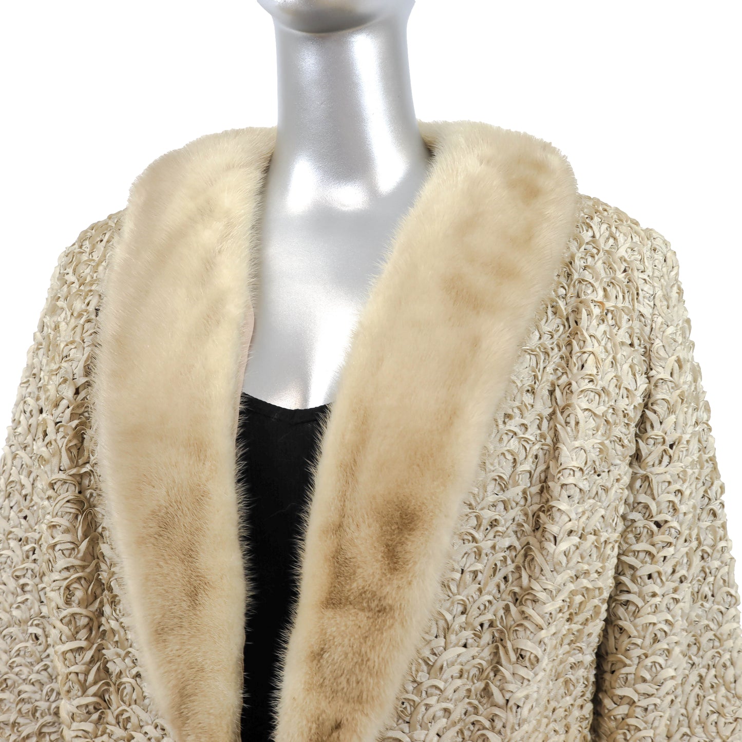 Beige Ribbon Jacket with Mink Collar- Size S