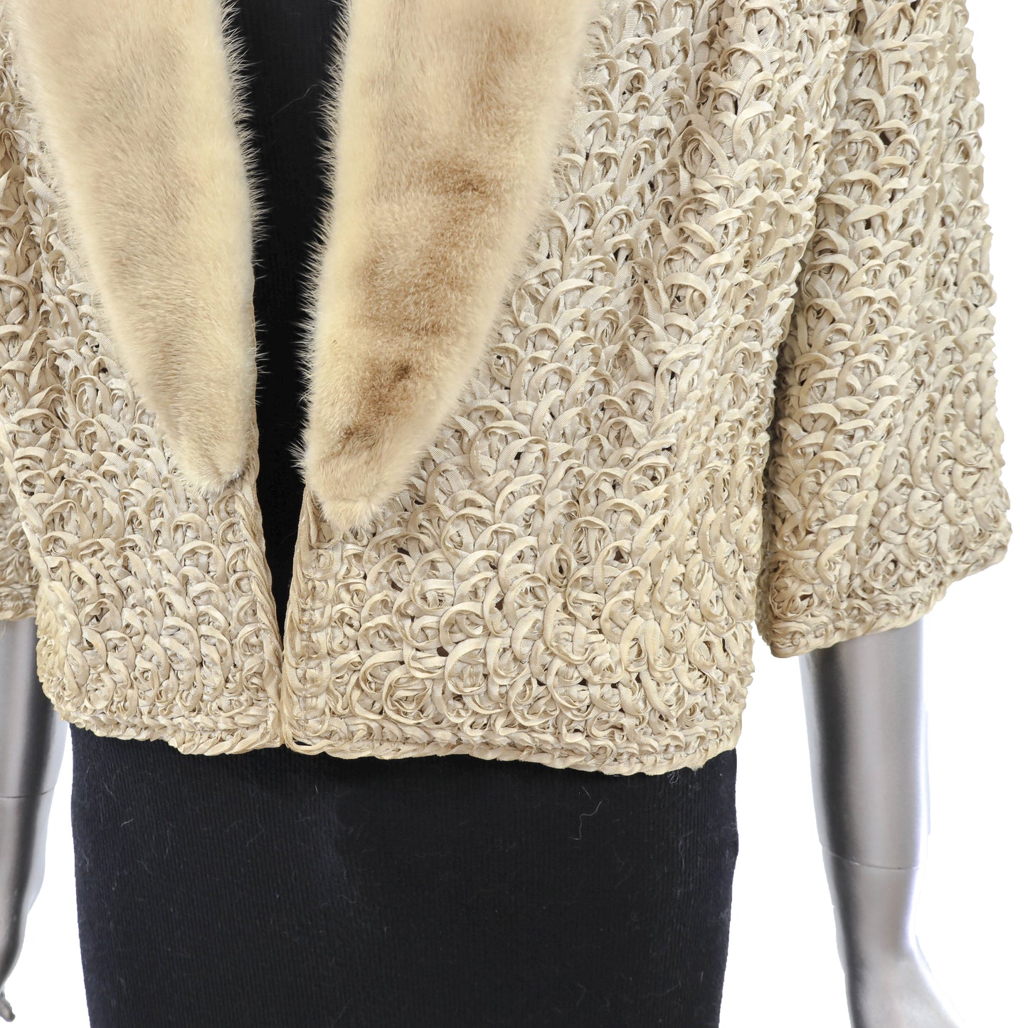 Beige Ribbon Jacket with Mink Collar- Size S