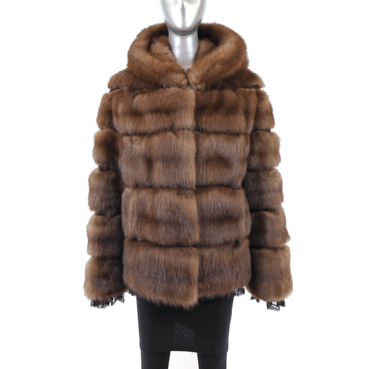 Brown Hooded Sable Jacket with Lace Trim- Size L