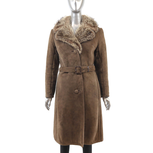 Brown Shearling Coat with Raccoon Trim- Size M