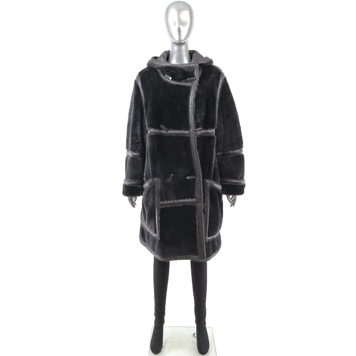 Black Hooded Reversible Shearling Coat- Size L