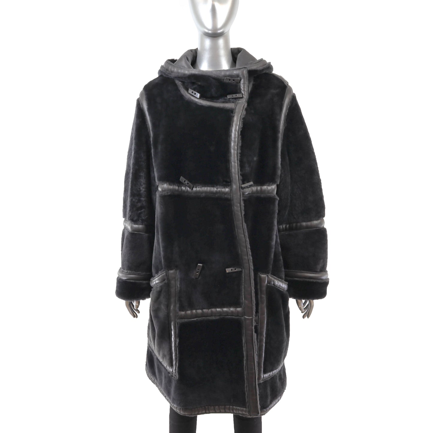 Black Hooded Reversible Shearling Coat- Size L