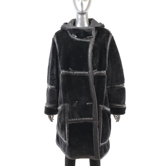 Black Hooded Reversible Shearling Coat- Size L