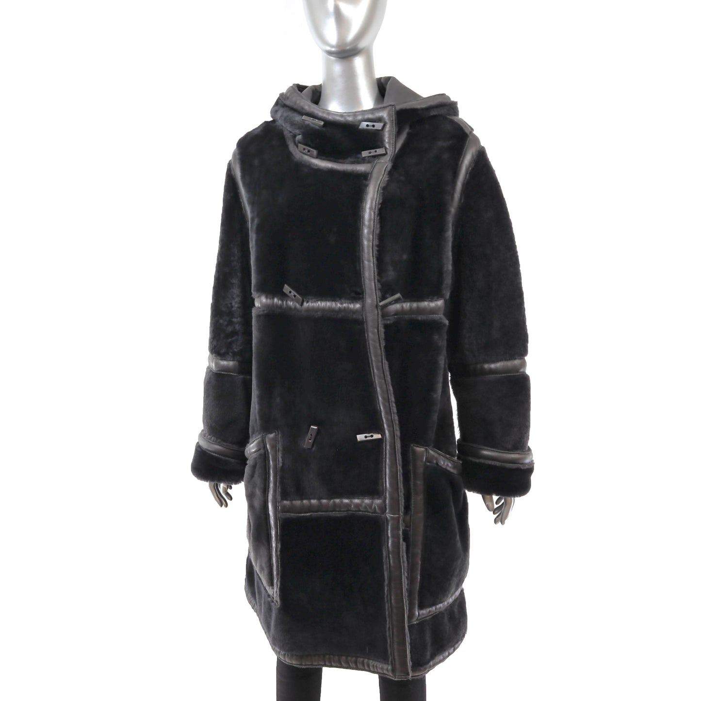 Black Hooded Reversible Shearling Coat- Size L