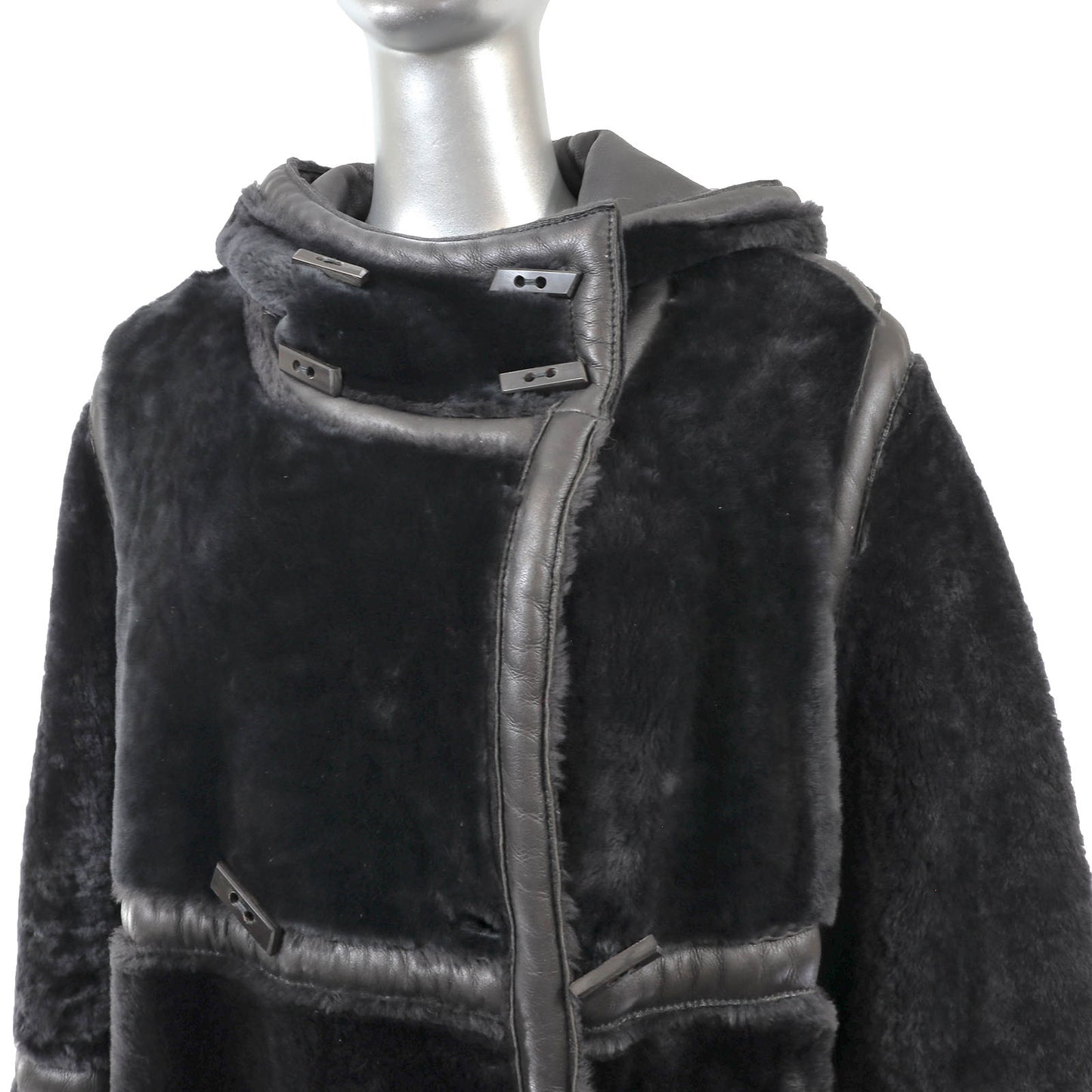 Black Hooded Reversible Shearling Coat- Size L