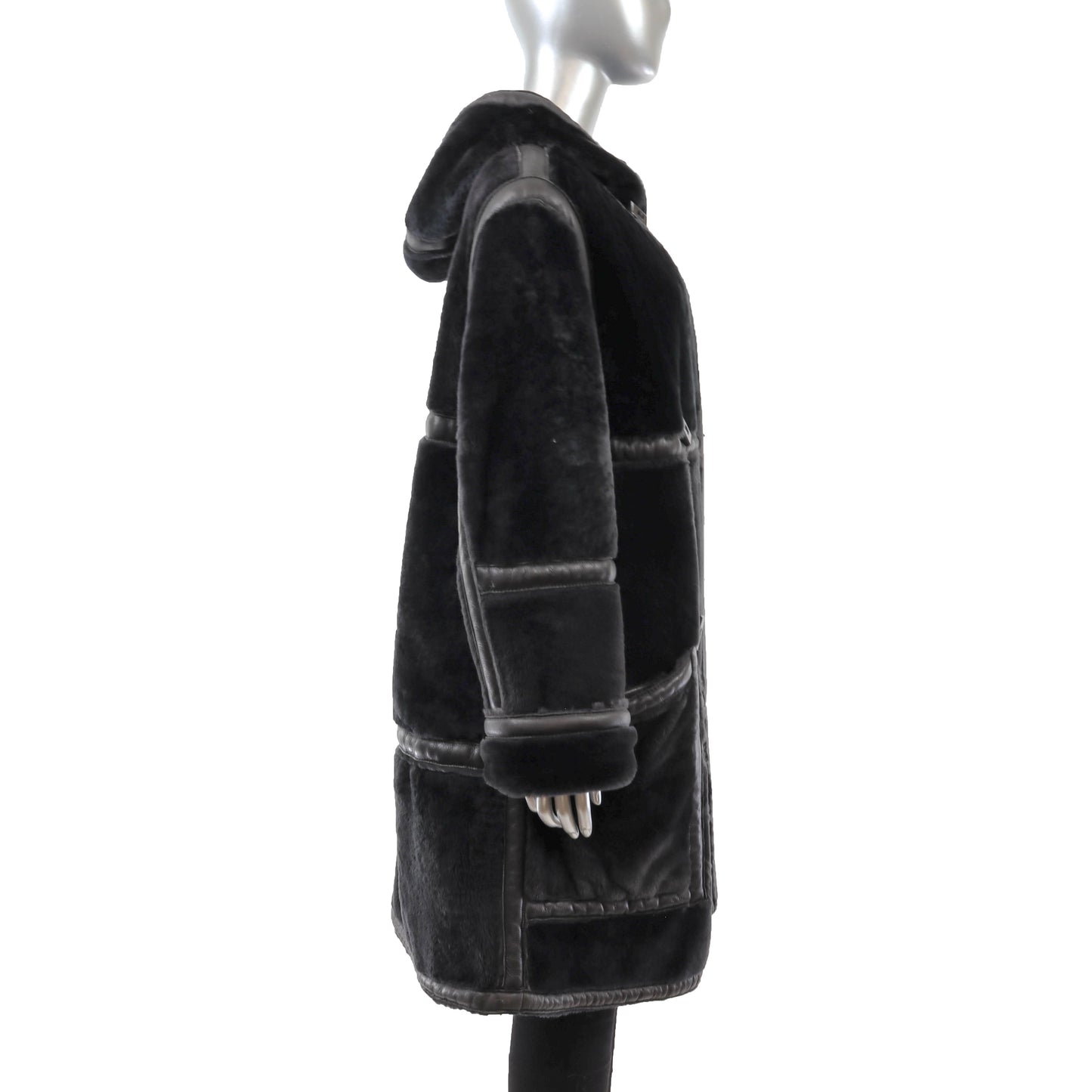 Black Hooded Reversible Shearling Coat- Size L