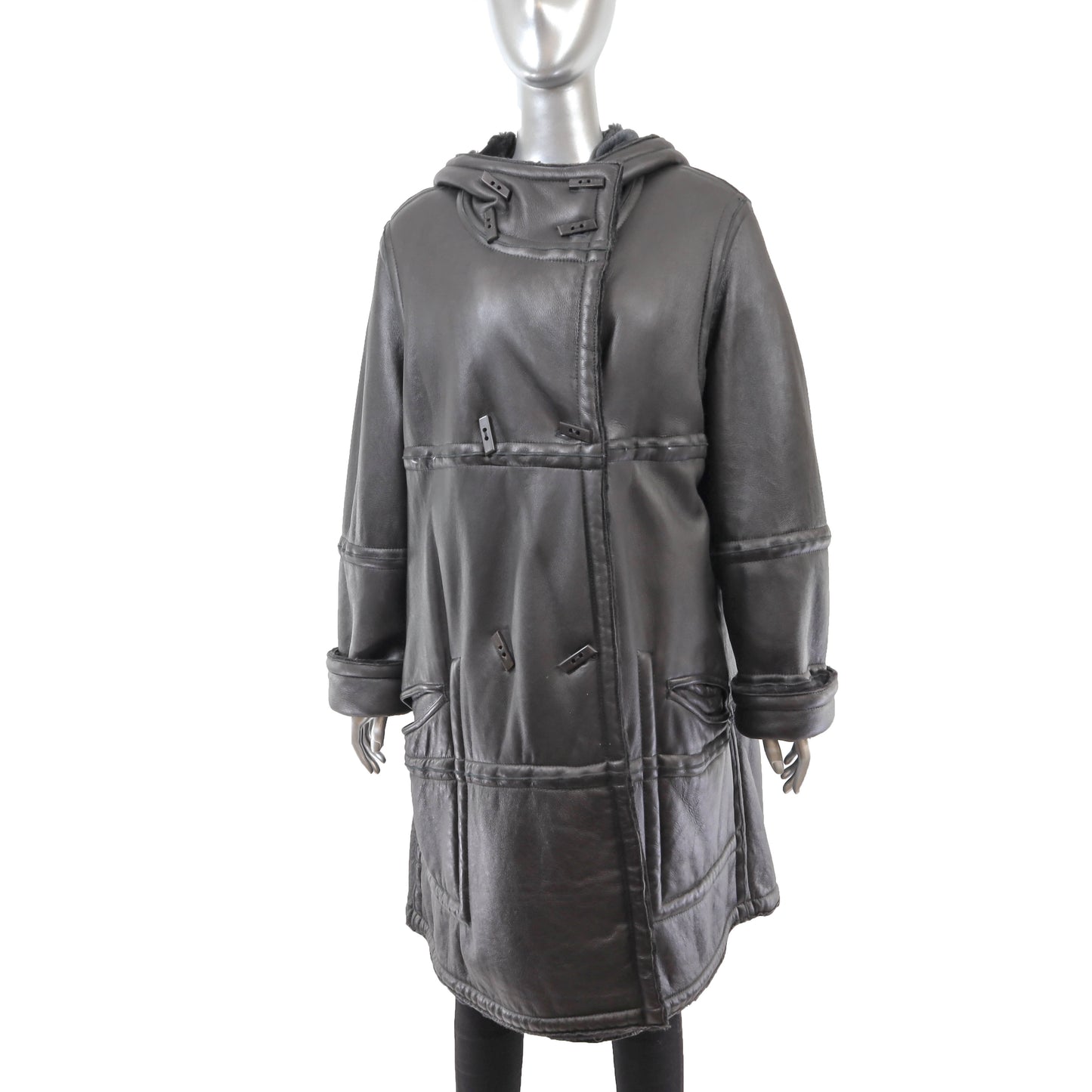 Black Hooded Reversible Shearling Coat- Size L