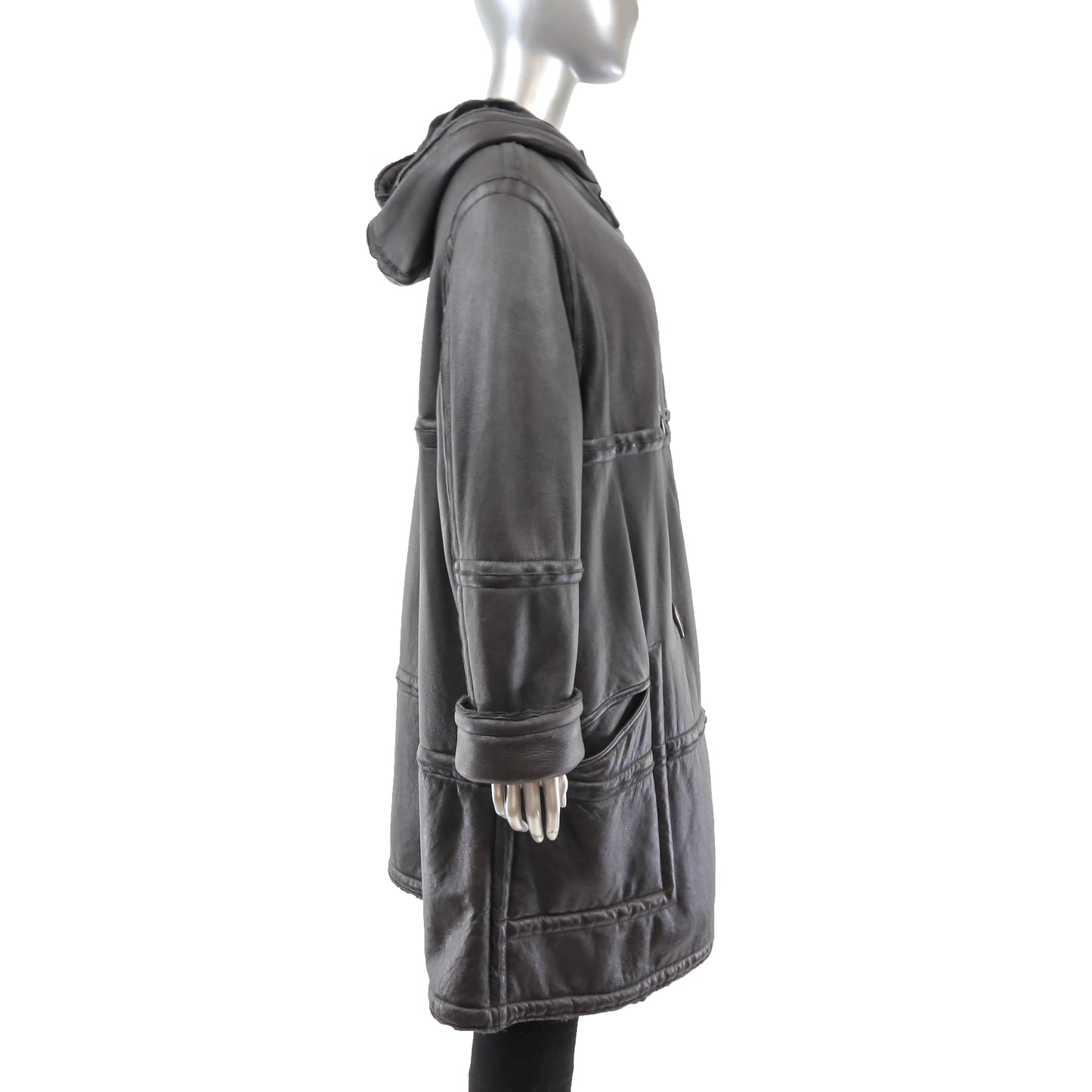 Black Hooded Reversible Shearling Coat- Size L