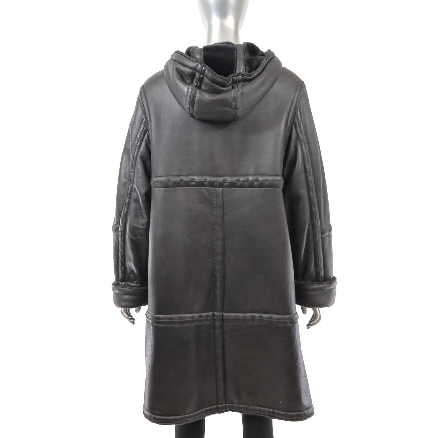 Black Hooded Reversible Shearling Coat- Size L