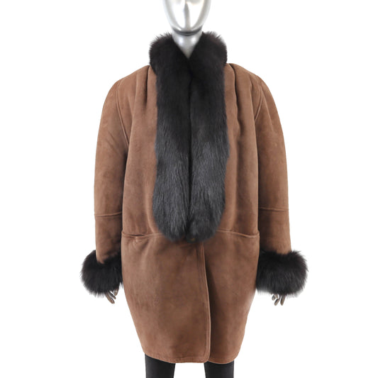 Brown Shearling Coat with Fox Trim- Size M