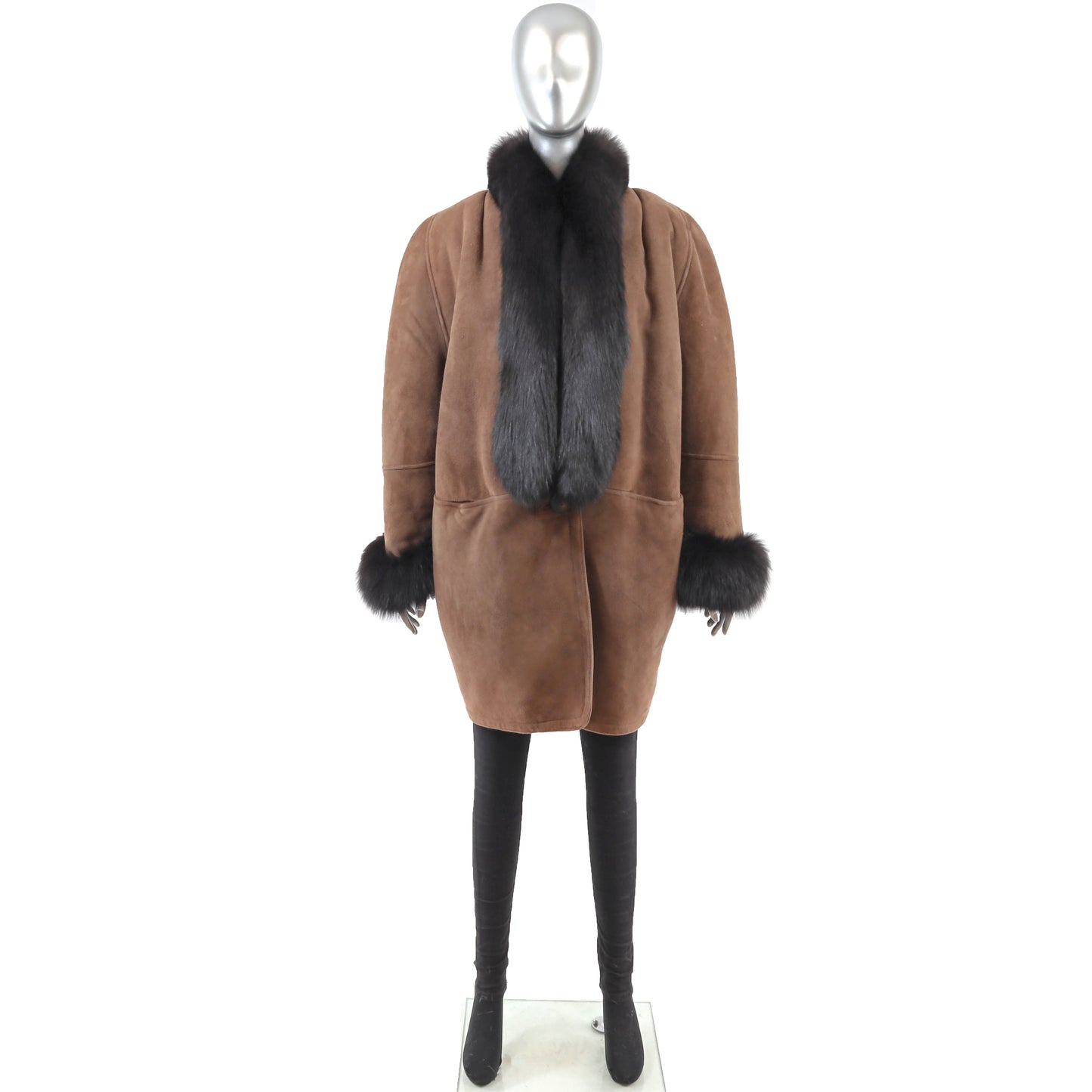 Brown Shearling Coat with Fox Trim- Size M