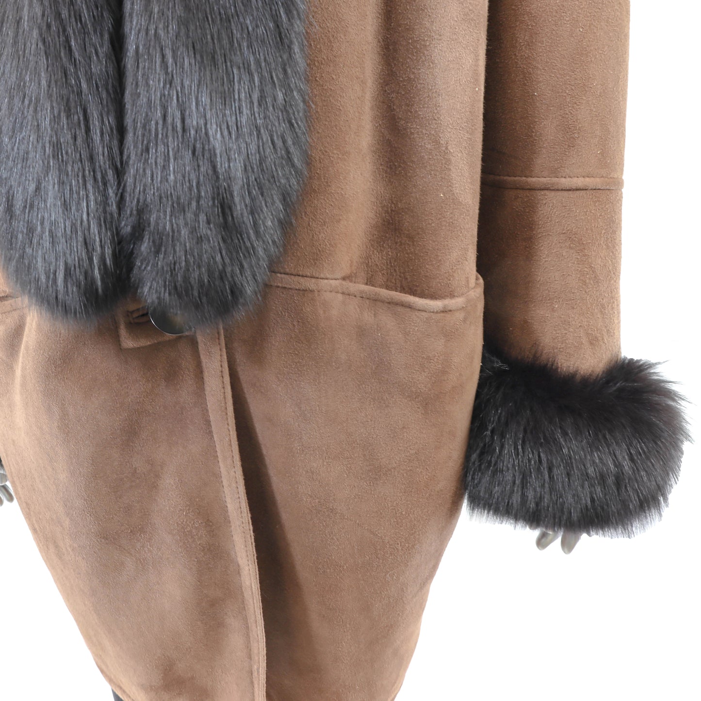 Brown Shearling Coat with Fox Trim- Size M