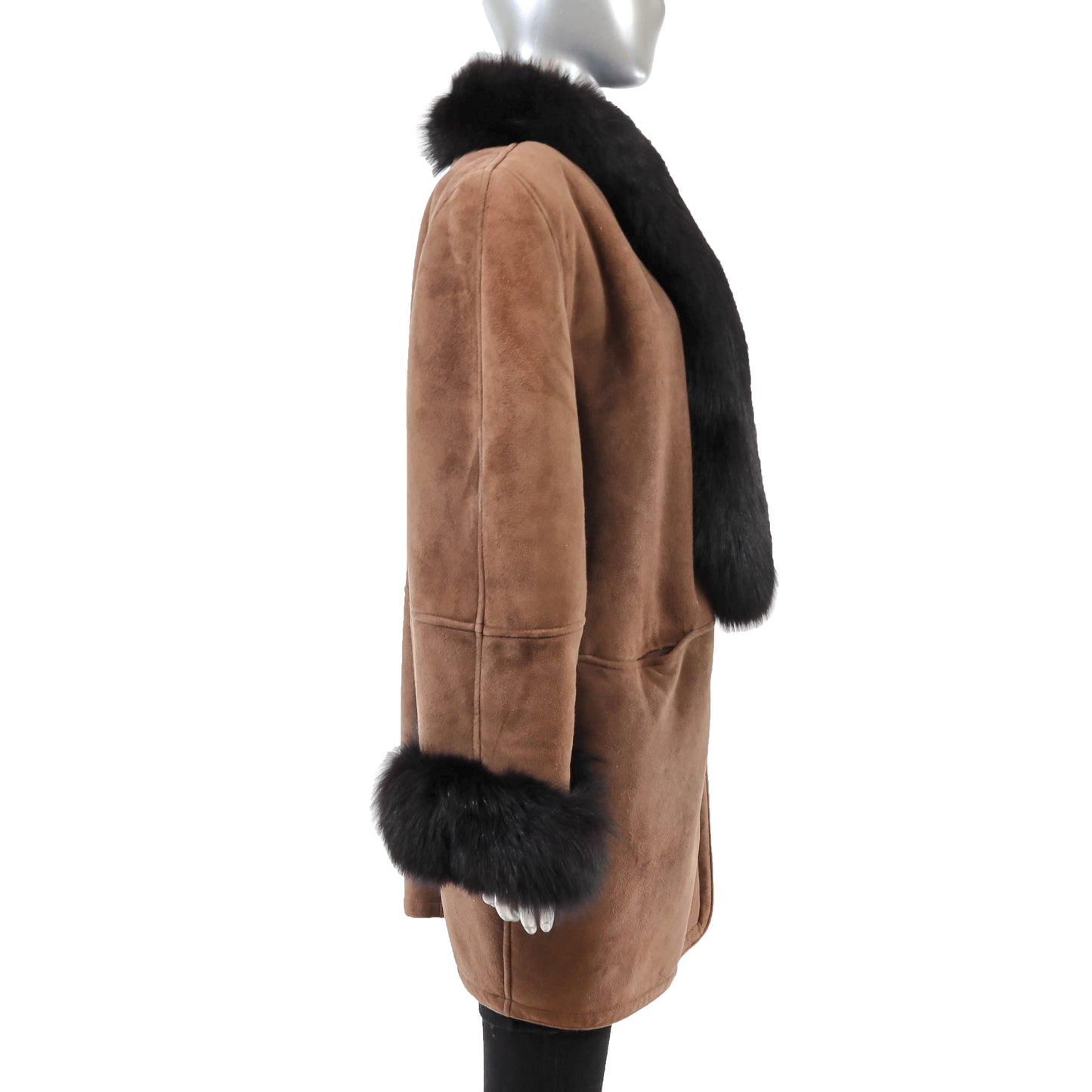 Brown Shearling Coat with Fox Trim- Size M