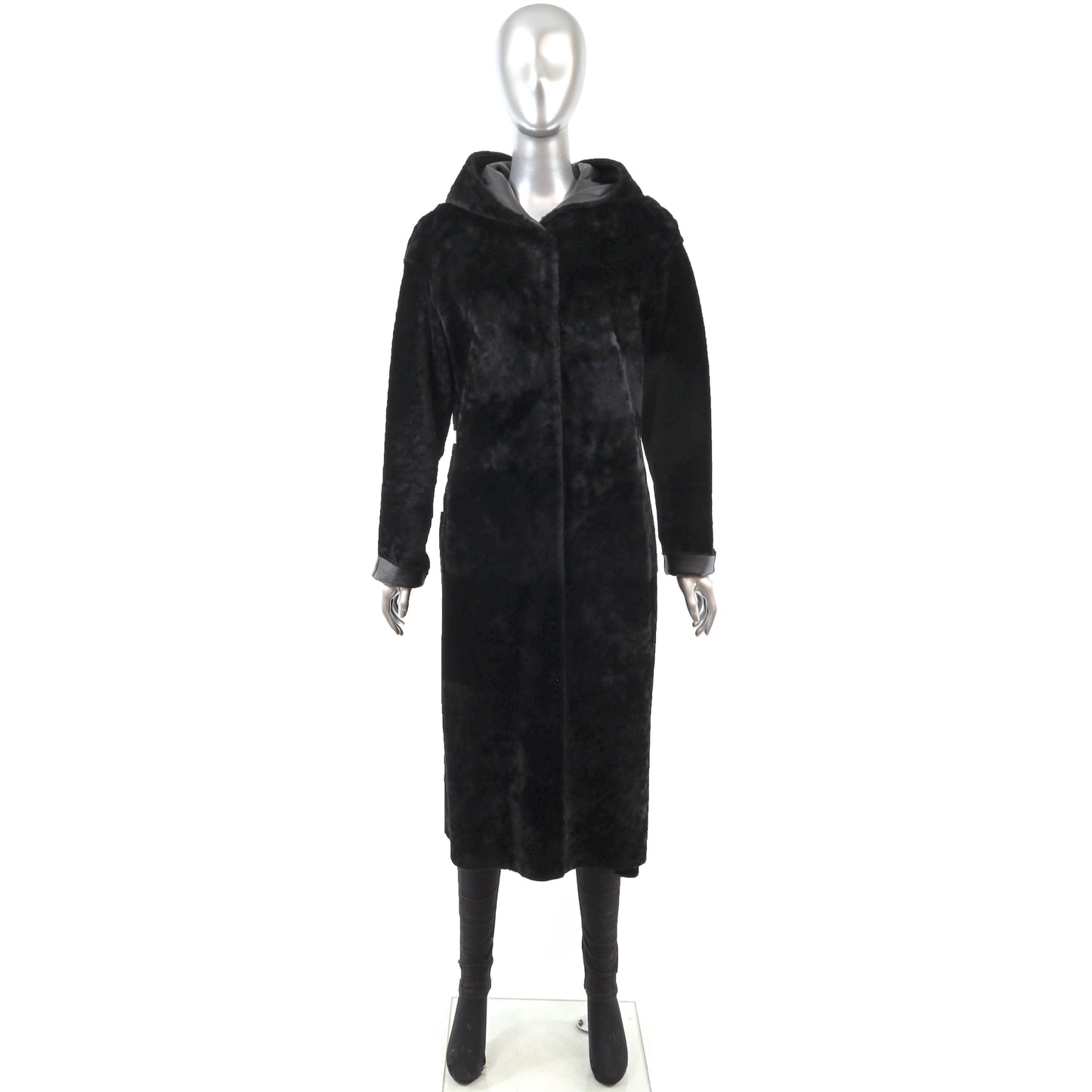 Black Hooded Reversible Shearling Coat- Size S
