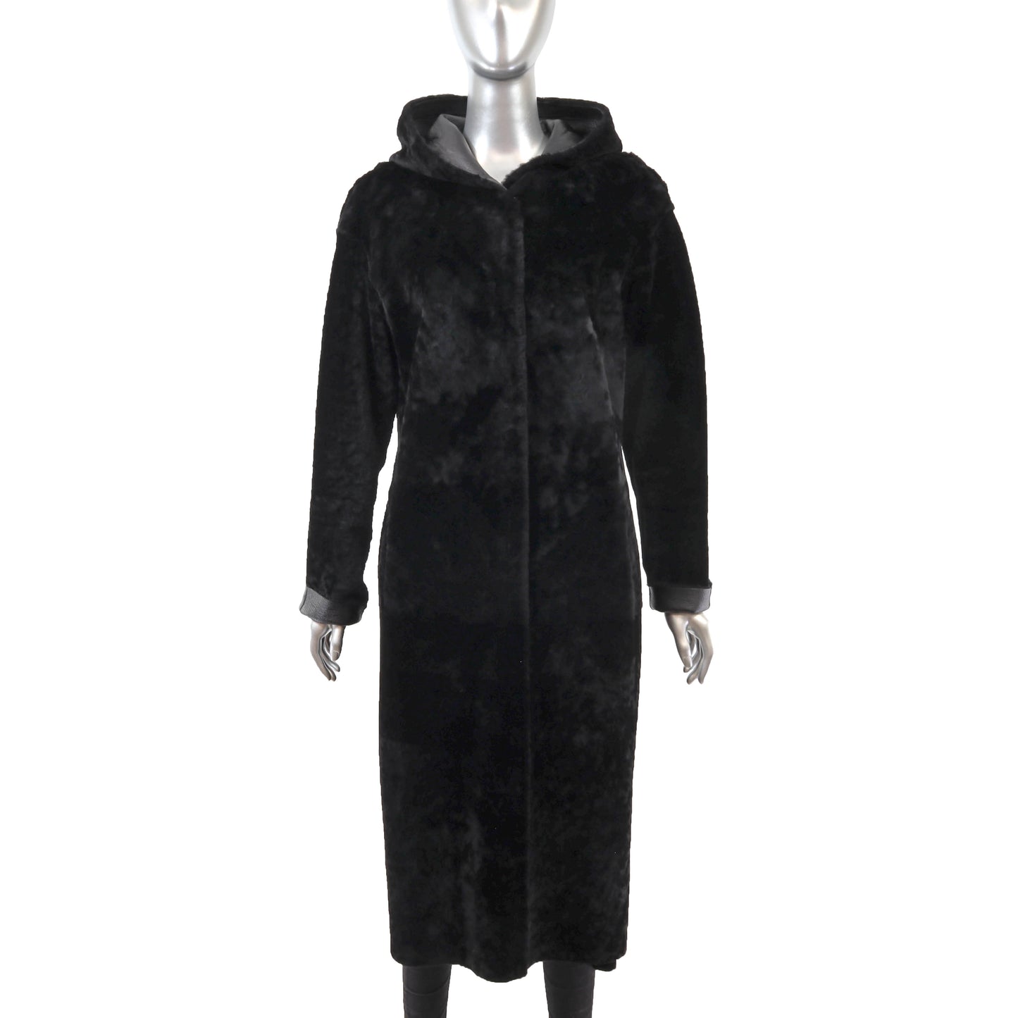 Black Hooded Reversible Shearling Coat- Size S