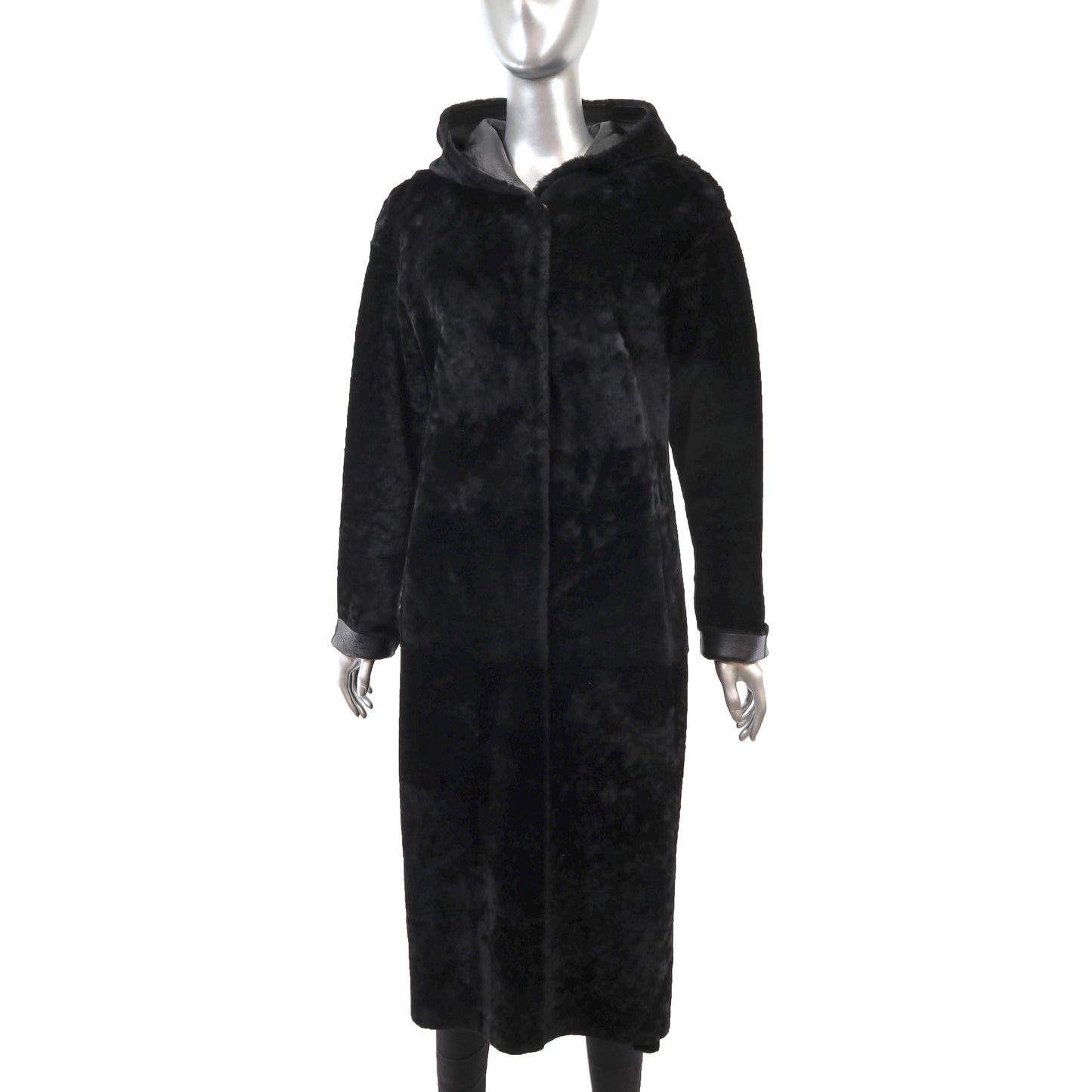 Black Hooded Reversible Shearling Coat- Size S