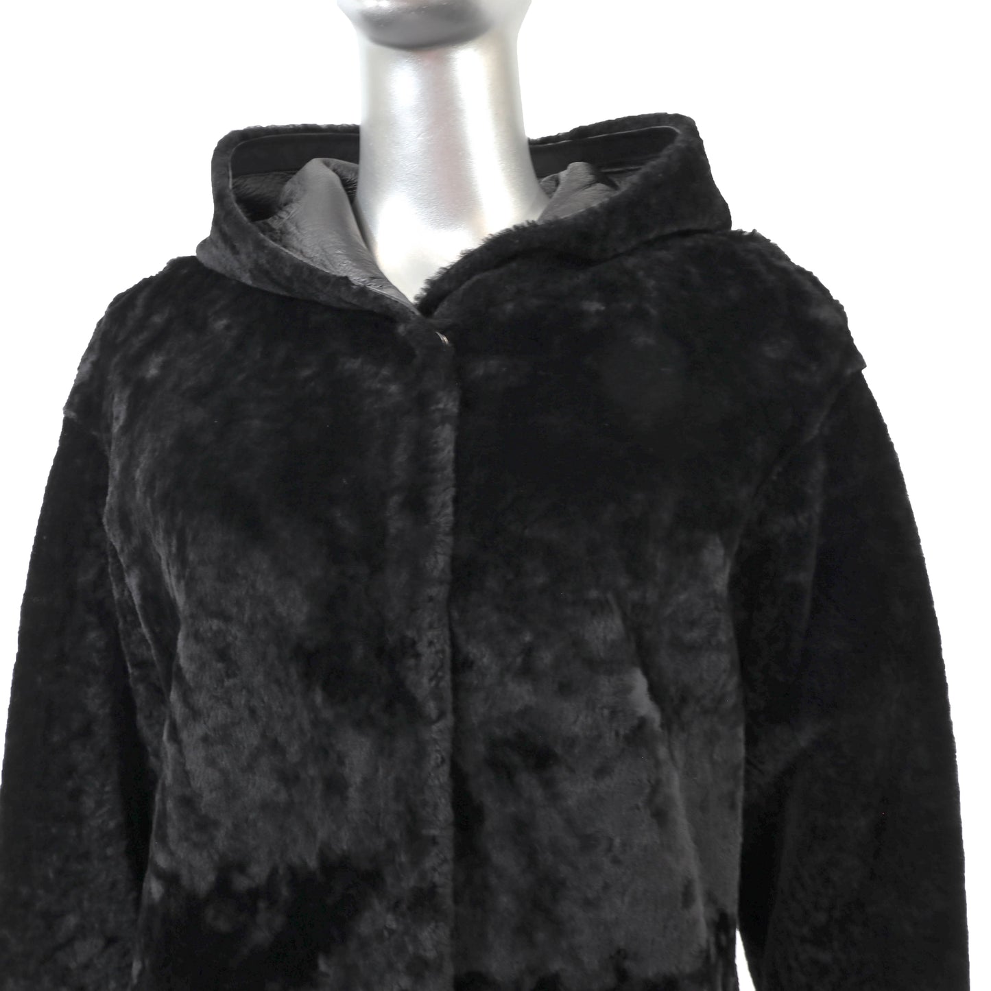 Black Hooded Reversible Shearling Coat- Size S
