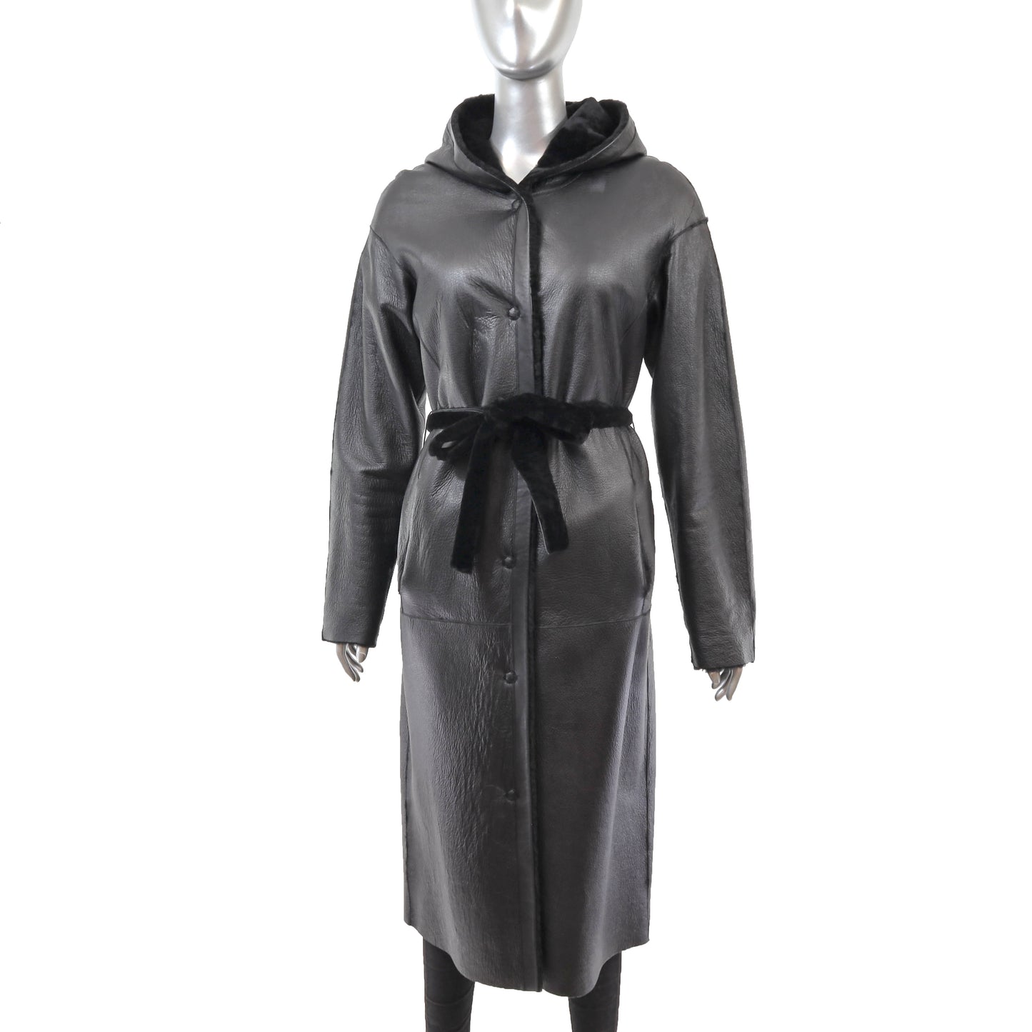 Black Hooded Reversible Shearling Coat- Size S