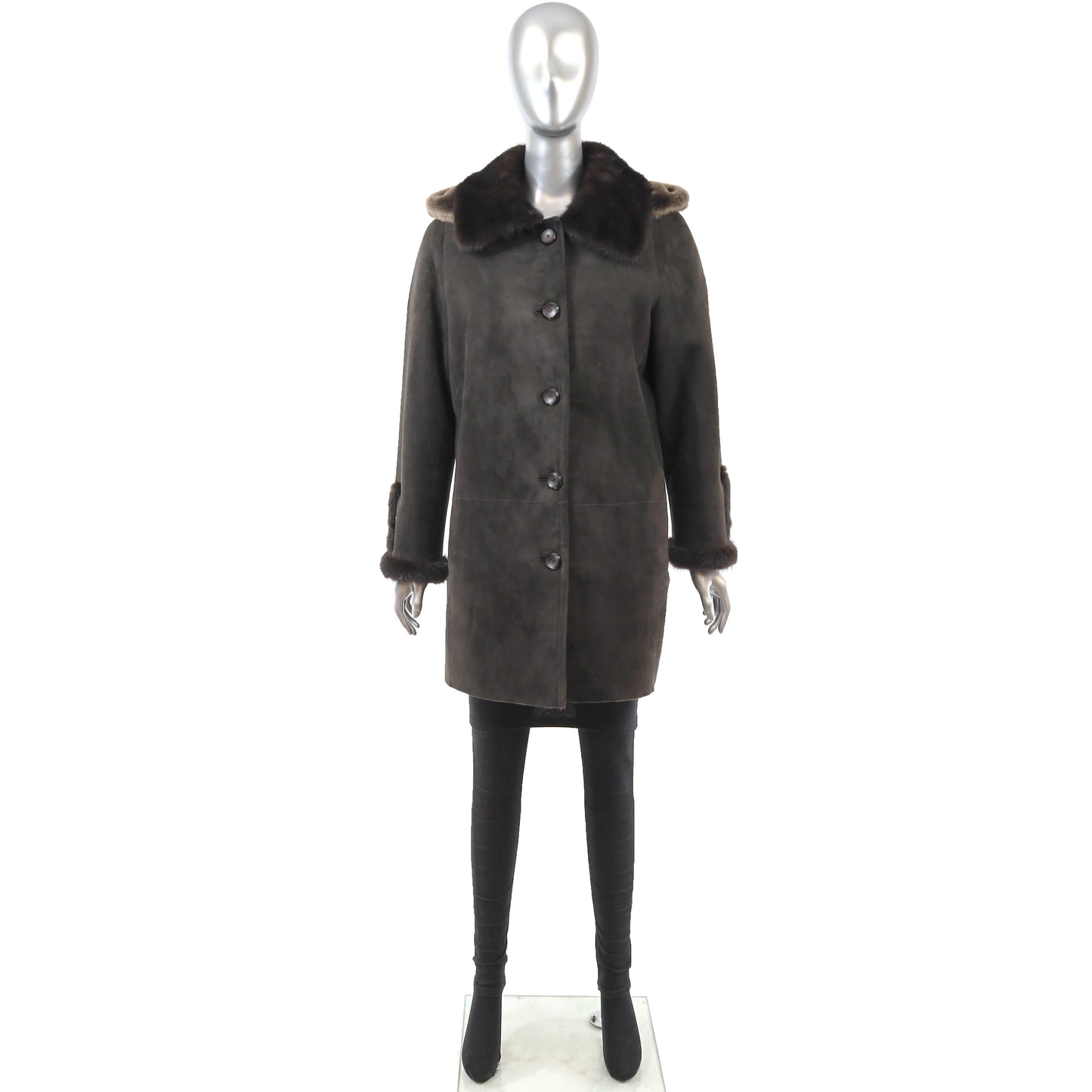 Dark Brown Shearling 3/4 Coat with Mink Collar and Detachable Hood- Size M