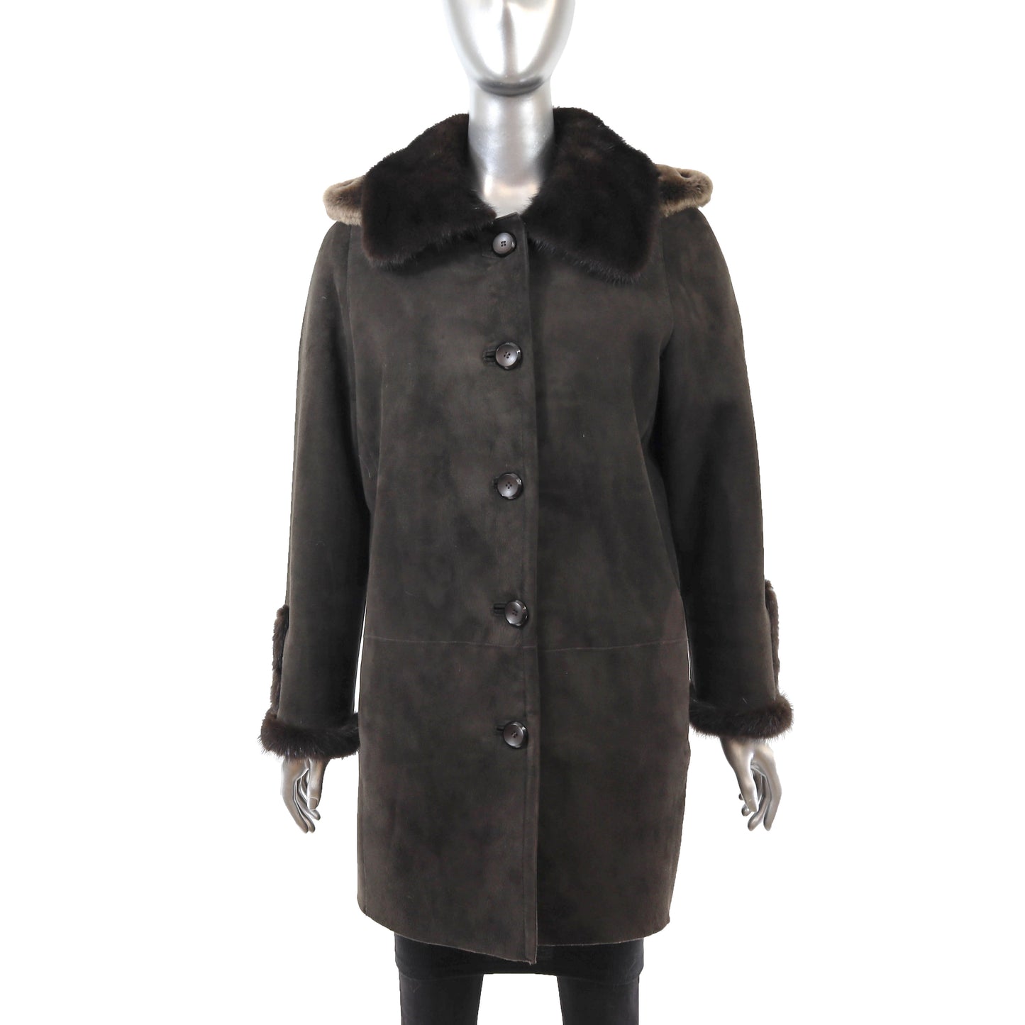 Dark Brown Shearling 3/4 Coat with Mink Collar and Detachable Hood- Size M