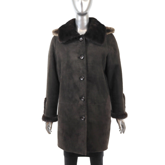 Dark Brown Shearling 3/4 Coat with Mink Collar and Detachable Hood- Size M