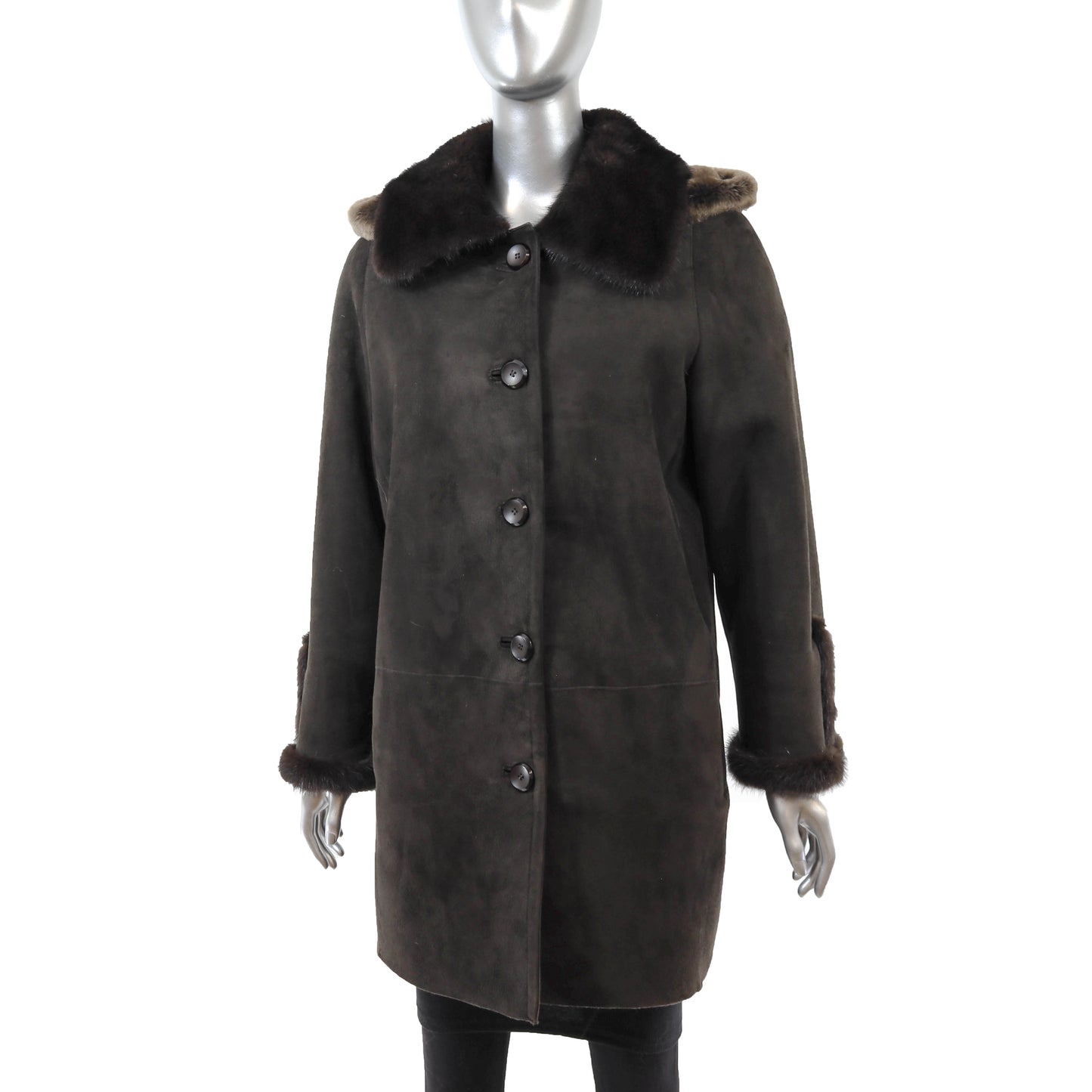 Dark Brown Shearling 3/4 Coat with Mink Collar and Detachable Hood- Size M