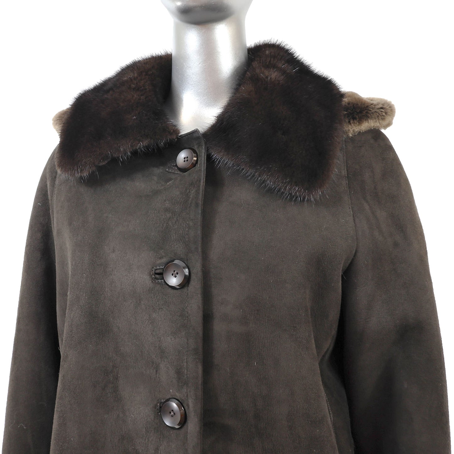 Dark Brown Shearling 3/4 Coat with Mink Collar and Detachable Hood- Size M